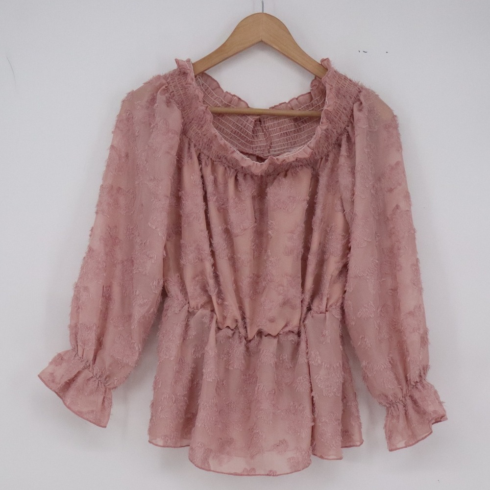 SHEIN Blouse Womens M Off-the-Shoulder Pink Eyelash Textured Peplum Excellent